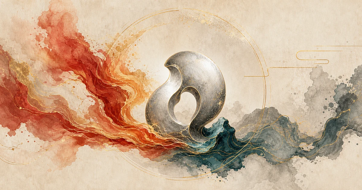 An original abstract illustration of a metal form balanced between flame and a cooling teal current