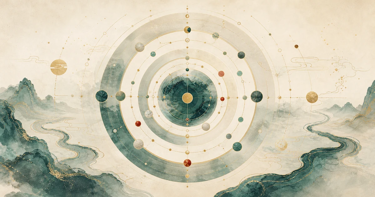 An original abstract illustration of nested circular time bands moving at different speeds