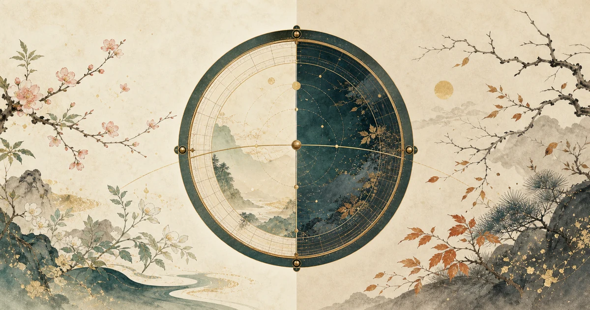 An original abstract illustration of two seasonal hemispheres joined by a traditional circular calendar